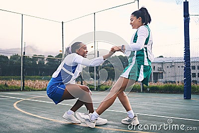 Netball help, support and outdoor game of team sports with fitness and exercise. Helping, sportsmanship and student Stock Photo