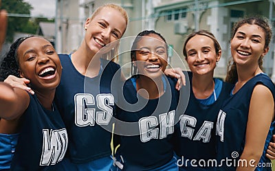 Netball huddle portrait, girl team smile and together for training workout, happy sport and diversity. Sports happiness Stock Photo