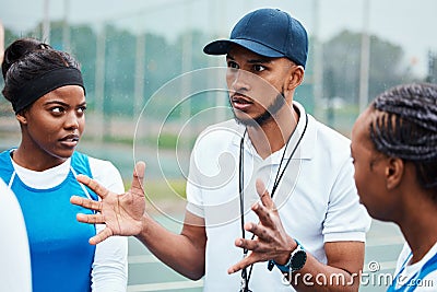 Netball, sports team or frustrated coach talk about game problem, teamwork mistake or explain competition crisis Stock Photo