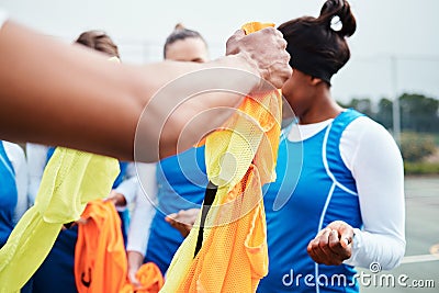 Netball, team clothes and fitness, girl on court outdoor for sports, student league and train for game. Athlete, young Stock Photo