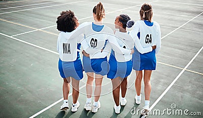 Netball team, sport on court and diversity, athlete group and training for game, girls outdoor and back view. College Stock Photo