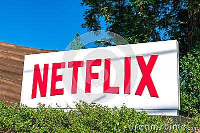 Netflix sign at company headquarters in Silicon Valley Editorial Stock Photo