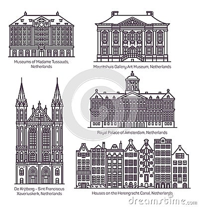 Netherland or Dutch architecture in thin line Vector Illustration