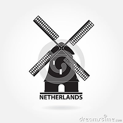 Netherlands and Amsterdam symbol. Windmill icon or sign isolated on white background. Mill silhouette. Vector illustration. Vector Illustration