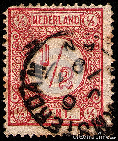 NETHERLANDS - CIRCA 1889: stamp printed in the Netherlands (Holland), shows value of 1 2 (half) dutch cent Editorial Stock Photo