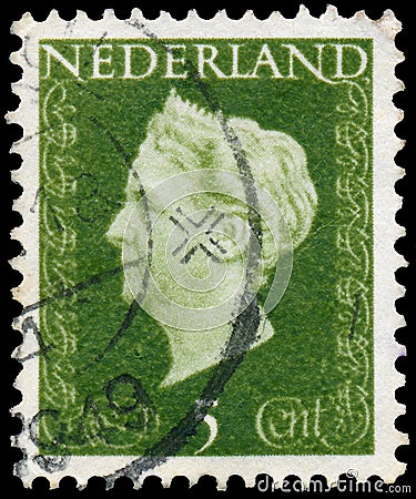 Stamp printed in Netherlands shows portrait of Queen Wilhelmina - Queen regnant of Netherlands Kingdom Editorial Stock Photo