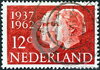 NETHERLANDS - CIRCA 1962: A stamp printed in the Netherlands shows Queen Juliana and Prince Bernhard, circa 1962. Editorial Stock Photo