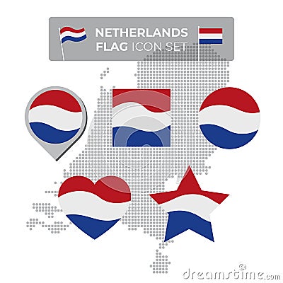 Netherlands denmark flag icons set in the shape of square, heart, circle, stars and pointer, map marker. Mosaic map of denmark Vector Illustration