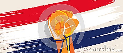 Netherlands Dutch flag independence painted brush stroke with hand fist fight patriotism Vector Illustration