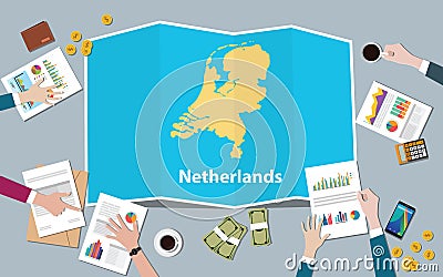 Netherlands economy country growth nation team discuss with fold maps view from top Cartoon Illustration