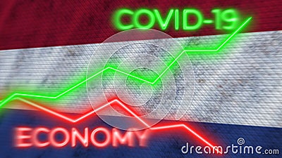 Netherlands Flag and COVID-19 Coronavirus Economy Neon Titles â€“ 3D Illustrations Stock Photo