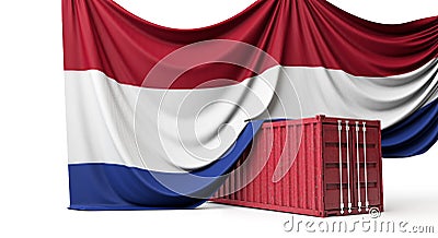 Netherlands flag draped over a commercial shipping container. 3D Rendering Stock Photo