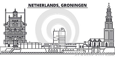 Netherlands, Groningen line skyline vector illustration. Netherlands, Groningen linear cityscape with famous landmarks Vector Illustration