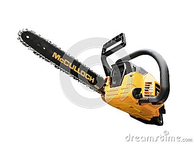 Netherlands, Haarlem - 23-09-200: Mcculloch chainsaw in a studio setting, isolated on white Editorial Stock Photo