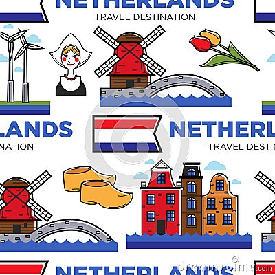 Netherlands or Holland symbols seamless pattern traveling Vector Illustration