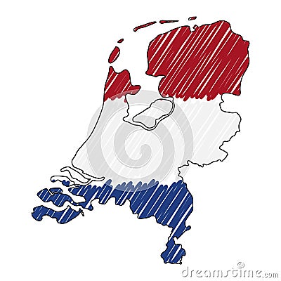 Netherlands map hand drawn sketch. Vector concept illustration flag, childrens drawing, scribble map. Country map for Vector Illustration