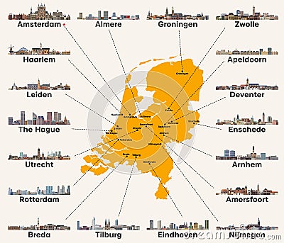 Netherlands map with main cities skylines. Vector illustration Vector Illustration