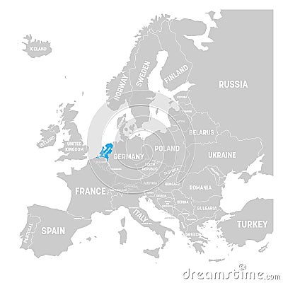 Netherlands marked by blue in grey political map of Europe. Vector illustration Vector Illustration