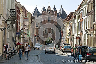 Street view Bergen op Zoom with old Prison Gate Editorial Stock Photo