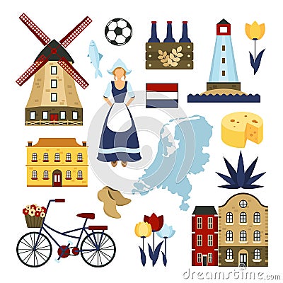 Netherlands Symbols Set Vector Illustration