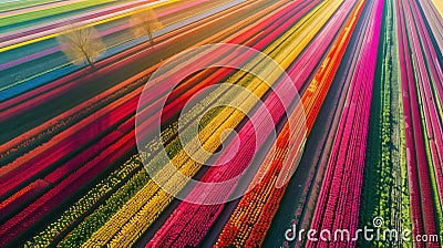Netherlands' tulip fields aerial view. Stock Photo