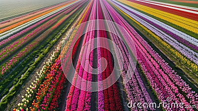 Netherlands' tulip fields aerial view. Stock Photo