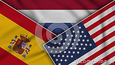 Netherlands United States of America Spain Flags Together Fabric Texture Illustration Stock Photo