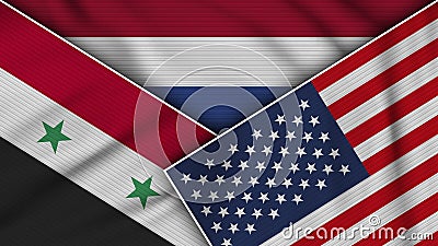 Netherlands United States of America Syria Flags Together Fabric Texture Illustration Stock Photo