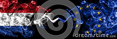 Netherlands vs Europe, European, European Union smoky mystic flags placed side by side. Thick colored silky abstract smoke flags Stock Photo