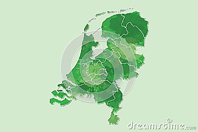 Netherlands watercolor map vector illustration of green color with border lines of different regions or provinces on light Vector Illustration