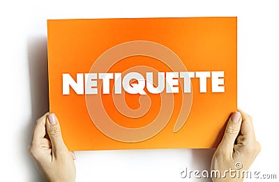 Netiquette is a set of rules that encourages appropriate and courteous online behavior, text concept on card Stock Photo