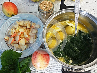 Nettle apple cake with sesame Stock Photo