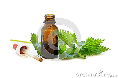 Nettle tincture in a small bottle and fresh leaves on white wood Stock Photo