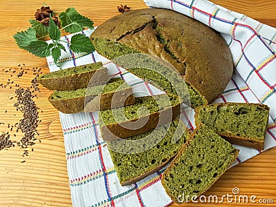 Nettles green round bread, weed dough Stock Photo
