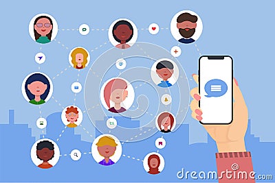 Hand holds the phone. people icons. girl uses social network to connect with friends Vector Illustration