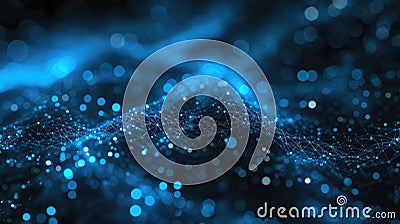Network blue space abstract background, polygonal web and lights of cyber data. Pattern of lines and dots in dark cyberspace. Stock Photo