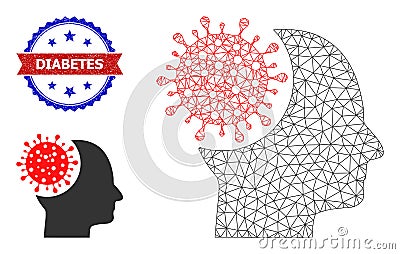 Triangle Mesh Brain Virus Icon and Textured Bicolor Diabetes Watermark Cartoon Illustration