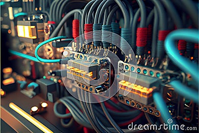 network cables closeup with fiber optical background Cartoon Illustration