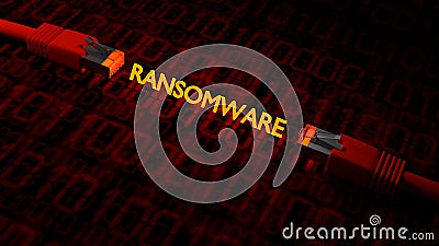 2 network cables on a floor textured with binary streams with the glowing word ransomware Cartoon Illustration