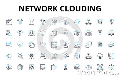 Network clouding linear icons set. Virtualization, Scalability, Elasticity, Automation, Provisioning, Orchestration Vector Illustration