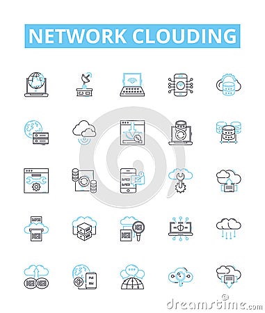 Network clouding vector line icons set. Network, Clouding, Cloud, Computing, Networking, Virtualization, Storage Vector Illustration