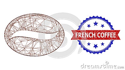 Network Coffee Grain Web Mesh and Scratched Bicolor French Coffee Stamp Seal Vector Illustration