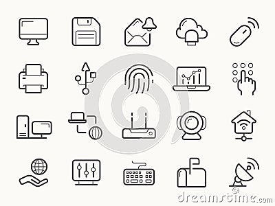 Network Communication and Electronics Line Icons Vector Illustration