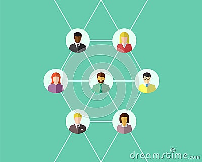 Network concept with diverse people in flat design, networking group connected by lines Vector Illustration