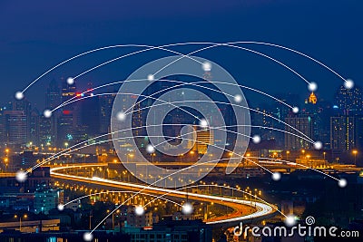 Network conection concept on aerial view of cityscape business d Stock Photo