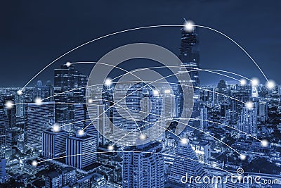 Network conection concept on blue tone aerial view of cityscape Stock Photo