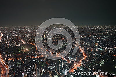 Network connection with neon light circle and Empty inside for any corporate logos or icon., in high building background at night Stock Photo