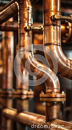 Interconnected Copper Pipes in Factory or Brewery Stock Photo