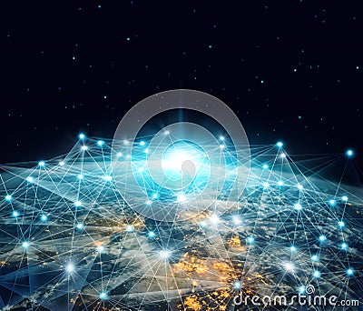 Network and data exchange. Global networking business and telecommunication connected over planet earth in space 3D rendering. El Stock Photo