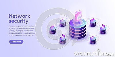 Network data security isometric vector illustration. Online server protection system concept with datacenter or Vector Illustration